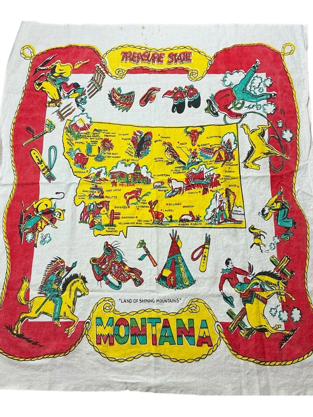 Vintage Montana land of shining mountains 1950s souvenir tablecloth 31x36